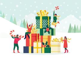 People dressed in winter clothes shopping for Christmas holiday. Christmas sale concept. Women and men pack, prepare and give gifts boxes. Anticipation of celebration Xmas, New Year vector