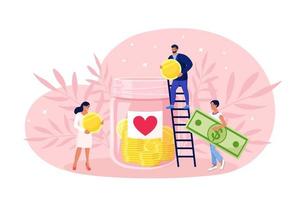 la gente dona dinero a los pobres. donación, voluntariado, caridad. pequeño voluntario en la escalera tira monedas y billetes en un enorme frasco de vidrio con una pegatina de corazón vector