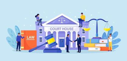 Law and justice concept. Justice scales, supreme court building and judge gavel. Crime courthouse advocate, lawyer consulting to client. Legal advice online, remote vector