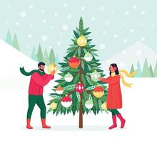 Couple Decorating Christmas Tree with Decorations Balls, Garland. Family Preparing for Celebration. Merry Christmas and Happy New Year. People Celebrate Winter Holidays. Man hanging toys on fir vector