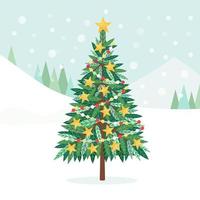 Decorated Christmas Tree with Xmas Stars, Lights, Decoration Balls and Lamps, Glowing Garland. Merry Christmas and Happy New Year. Holiday concept vector