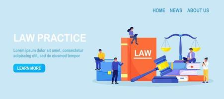 Law and justice. Judge scales and wood judge gavel. Wooden hammer with law code books. Legal and legislative authority. Jury trial, court proceedings. Vector design