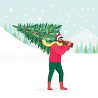 Happy Man Carrying Christmas Tree On His Shoulder. Person in Santa Claus Hat Preparing for Holiday Celebration. Merry Xmas and Happy New Year vector