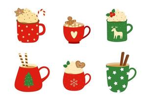 Set of red cups with whipped cream, cinnamon sticks and gingerbread cookies. Template for cozy winter design. vector