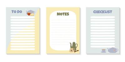 Set of templates for To Do List, Notes and Checklist with colorful teapots and cups. vector