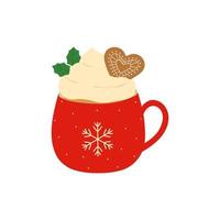 Red cup of hot chocolate with whipped cream and gingerbread cookie vector