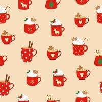 Seamless pattern with red cups, whipped cream, cinnamon sticks and gingerbread cookies. Background for cozy winter design vector