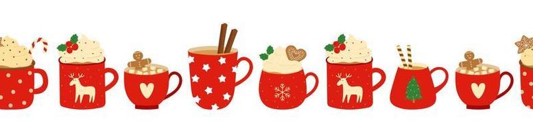 Seamless border with red cups, whipped cream, cinnamon sticks and gingerbread cookies. Background for cozy winter design. vector