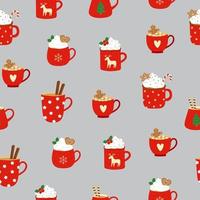 Seamless pattern with red cups, whipped cream, cinnamon sticks and gingerbread cookies. Background for cozy winter design vector