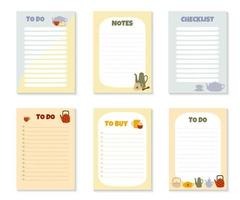 Set of templates for To Do List, To Buy List, Notes and Checklist with colorful teapots and cups. vector