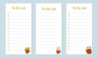 Set of templates for To Do Lists with colorful kettle and cups. vector