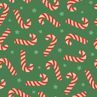 Seamless pattern of Christmas candy cane and stars on green background. Festive background for wrapping paper, invitation, greeting card, textile. vector