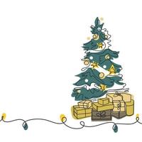 árbol de Navidad con regalos, banner de dibujo de línea abstracta, plantilla de afiche con lugar para ilustración de vector de texto. Navidad y año nuevo dibujo de arte mínimo con pino y cajas de regalo en estilo moderno de garabato