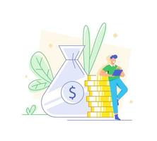 Financial consultant leaning on a stack of coins smiles friendly and waves with hand,Financial consulting, investment and savings,Successful investor or entrepreneur vector