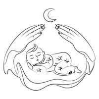 Sleeping baby with mother's hands above him and a month Line drawing,emblem, logo template in simple linear style vector graphics.Child care, motherhood and childbearing concept.Print,tattoo,greeting