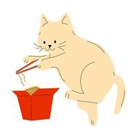 lindo gato comiendo fideos y usa palillos. ramen comida asiática. vector