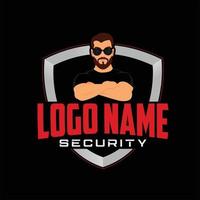 Body guard badge logo with character wearing black shirt and sunglasses. Vector illustration.