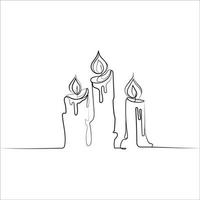 tres velas encendidas una ilustración vectorial de dibujo de línea aislada en fondo blanco. dibujo de línea continua de vela, secta en blanco y negro. gráfico minimalista simple de contorno negro vector