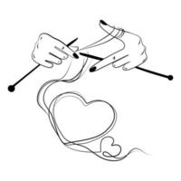 Hands with knitting needles knit heart Line art abstract drawing vector graphics on a white background.Creative idea for a romantic poster,tattoo,print.Needlework emblem,logo and labels for handmade