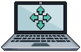 Pixel art laptop with direction arrows vector icon for 8bit game on white background