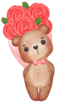 cute sweet Valentine brown teddy bear with roses bouquet watercolour hand drawing png