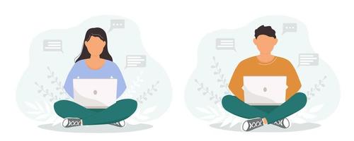 A guy and a girl are sitting cross-legged with a laptop. A person works online, studies, is engaged in freelancing. Vector graphics.