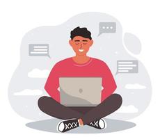 A man is sitting cross-legged with a laptop, in the lotus position. A guy, a student works and studies online. Vector graphics.