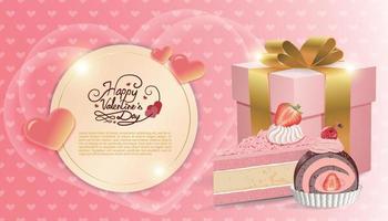 Valentine's day card background with delicious cake and gift vector