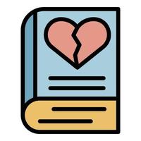 vector de contorno de color de icono de libro y corazón roto