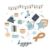 cómodo icono de juego de colores hygge, pegatina, garabato dibujado a mano, hogar acogedor, plantas en macetas y jarrones, calcetines, almohada, diario, velas de libros, tazas, tetera, elemento vectorial único para el diseño vector