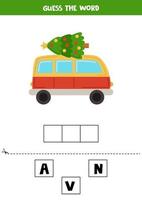 Spell the word. Vector illustration of Christmas van. Spelling game for kids.