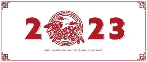 Chinese new year 2023 year of the rabbit. Lunar new year red rabbit zodiac with Chinese traditional frame, flower pattern and number on white background design concept. Vector illustration.