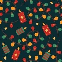 Christmas seamless pattern with garland and candles on dark background. Vector flat illustration with holiday, New Year light elements