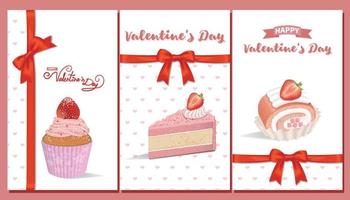 Valentine's day card with a set of strawberry desserts with red ribbons vector