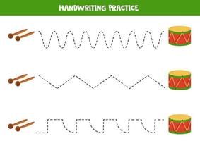 Tracing lines for kids. cartoon drums. Writing practice. vector