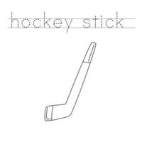 Trace the letters and color cartoon hockey stick. Handwriting practice for kids. vector