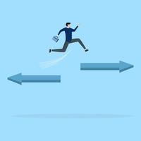 businessmen turning from arrows to other direction. Change career, challenge to find a new path or opportunity, progress to another travel option or concept, decide to take a different direction. vector