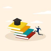 the businessman stepped on the stack of books as a ladder to reach the graduation cap on top. A measure of education or success, studies for skills development to achieve business success. vector