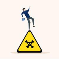 Careful businessman slip falling on caution skull symbol, Caution caution, business risk or trouble warning, failure prevention or avoid hazard concept, caution sign. vector