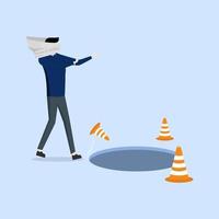 blindfold businessman with walking paper falling into business pitfall or trap. Blind and frustrated business direction, trap or crisis ahead, concept of risk and uncertainty, error or failure. vector