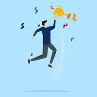 happy businessman holding winning trophy jumps high for celebration. Celebrating job achievement, success or victory, winning a prize or trophy, challenging or succeeding in business competition vector