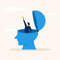 Idea discovery, looking for a way out or scratching the inside of head, exploration, idea search concept, happy entrepreneur managed to find precious light bulb idea in his head. vector