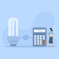 sustainability illustration. Characters calculating energy consumption at home, energy saving appliances and using energy saving light bulbs. green energy and power saving concept. Vector illustration