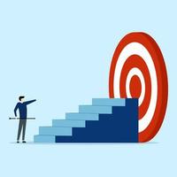 contemplate the businessman wielding a large arrow to climb the ladder to the bullseye. Aim for high target missions, plans and strategies to achieve goals, or career success journey concept. vector