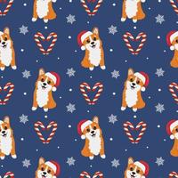 Seamless pattern with corgis in Santa Claus hat and caramels. Background for wrapping paper, greeting cards and seasonal designs. Merry Christmas and Happy new year. vector
