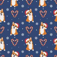 Seamless pattern with corgis in Santa Claus hat and caramels. Background for wrapping paper, greeting cards and seasonal designs. Merry Christmas and Happy new year. vector