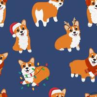 Seamless pattern with Christmas corgis. Background for wrapping paper, greeting cards and seasonal designs. Merry Christmas and Happy new year. vector