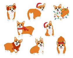 Vector clipart with cute Christmas corgi. Collection of winter dog characters. Illustration for design, decor, print, stickers, posters. Vector illustration isolated on a white background.