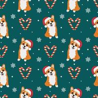 Seamless pattern with corgis in Santa Claus hat and caramels. Background for wrapping paper, greeting cards and seasonal designs. Merry Christmas and Happy new year. vector