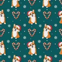Seamless pattern with corgis in Santa Claus hat and caramels. Background for wrapping paper, greeting cards and seasonal designs. Merry Christmas and Happy new year. vector
